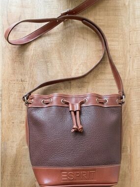 Vintage Esprit 1994 Brown Leather Crossbody bucket drawstring Bag preppy luxury